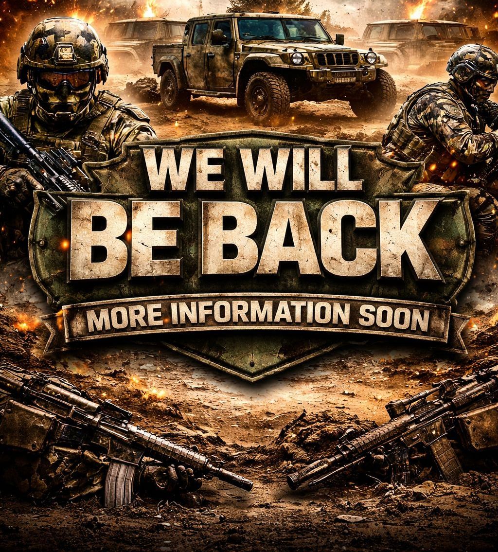 Eine Grafik bestehend aus militärischen Fahrzeugen, Soldaten und Gewehren mit dem Schriftzug We will be back - More Information soon